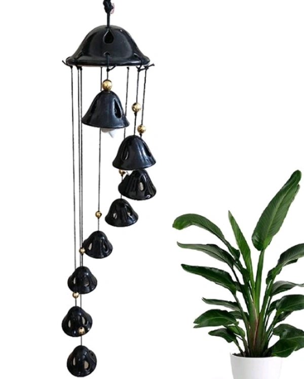 Handcrafted 7 Bells Black Color Ceramic Wind Chimes - 8 Bells, Black Color, Ceramic, Pack of 1